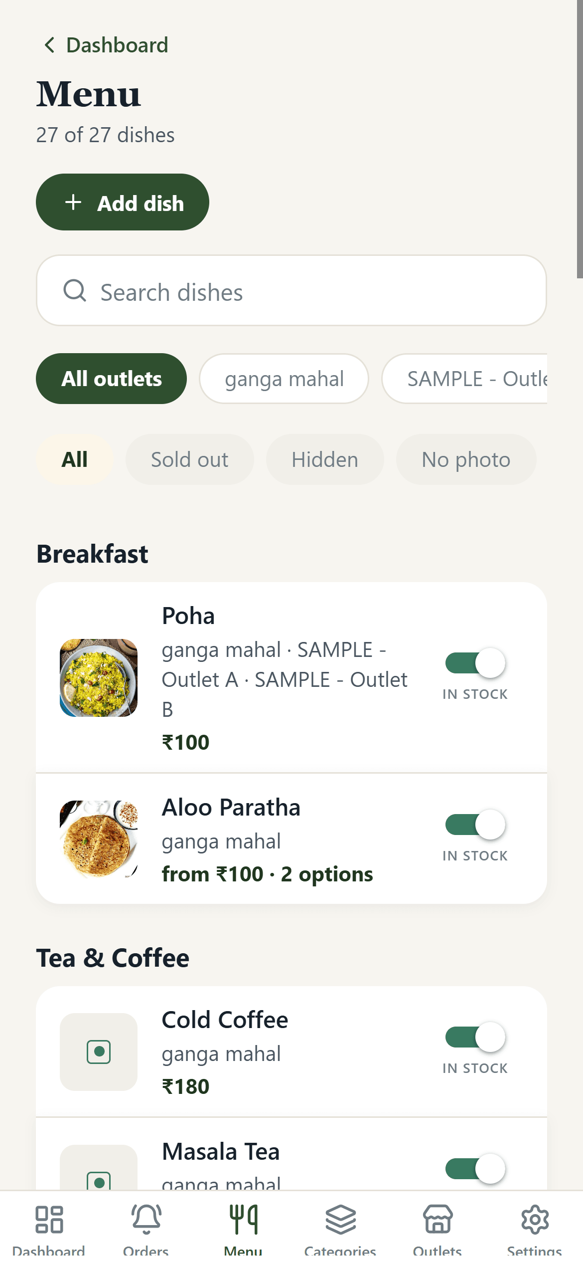 QR App menu manager with in-stock switches