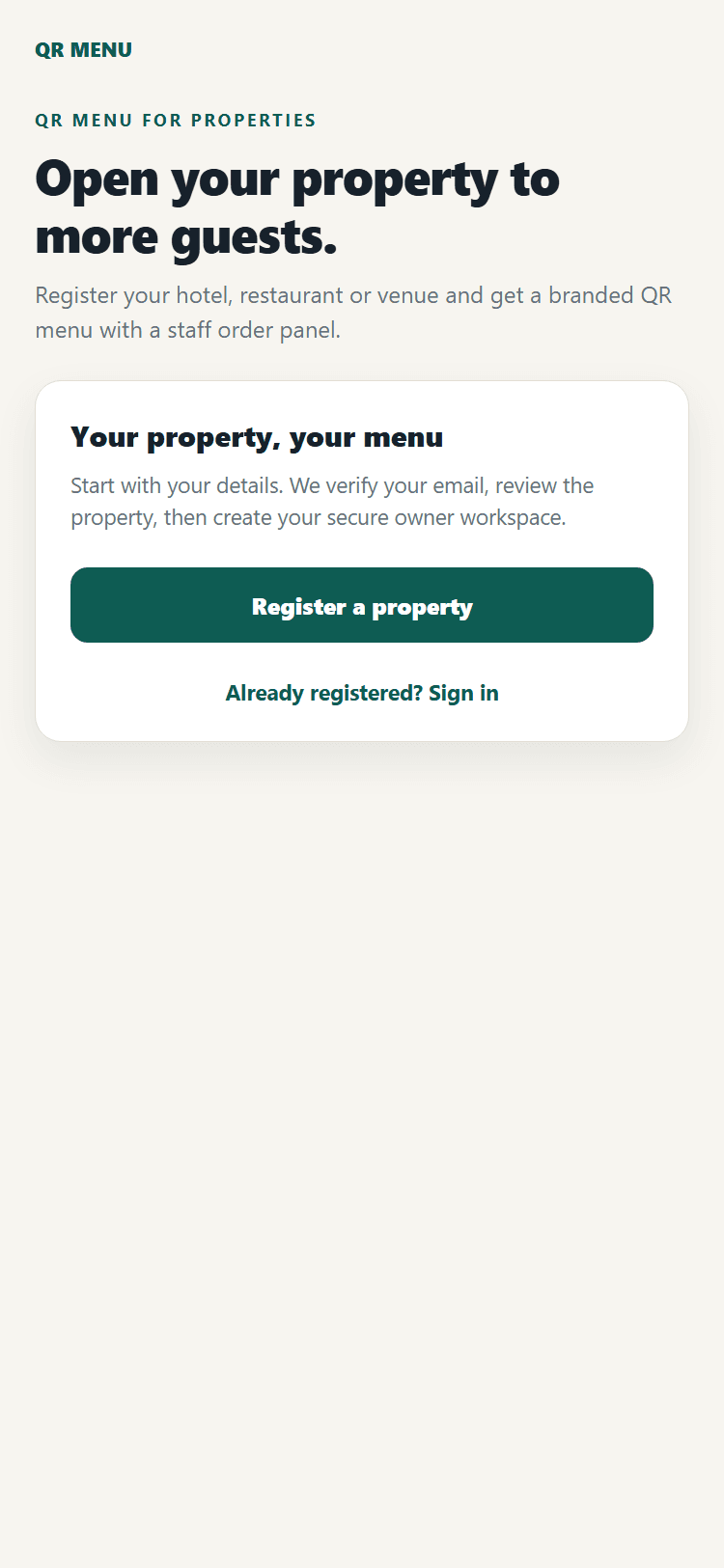 QR App vendor sign-in and register screen