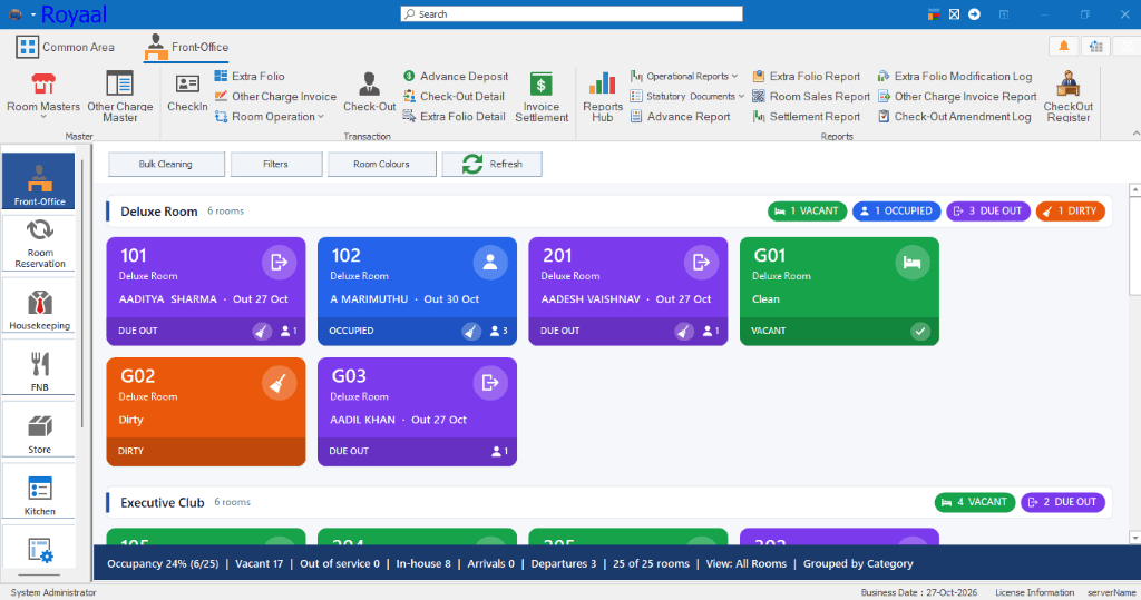 Royaal hotel management software showing the live front-office room matrix