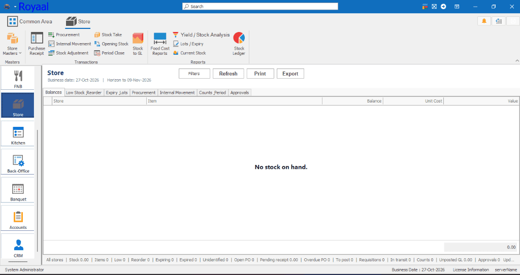 Royaal Store module showing the stock ribbon, balances, low stock and reorder, expiry lots and procurement tabs