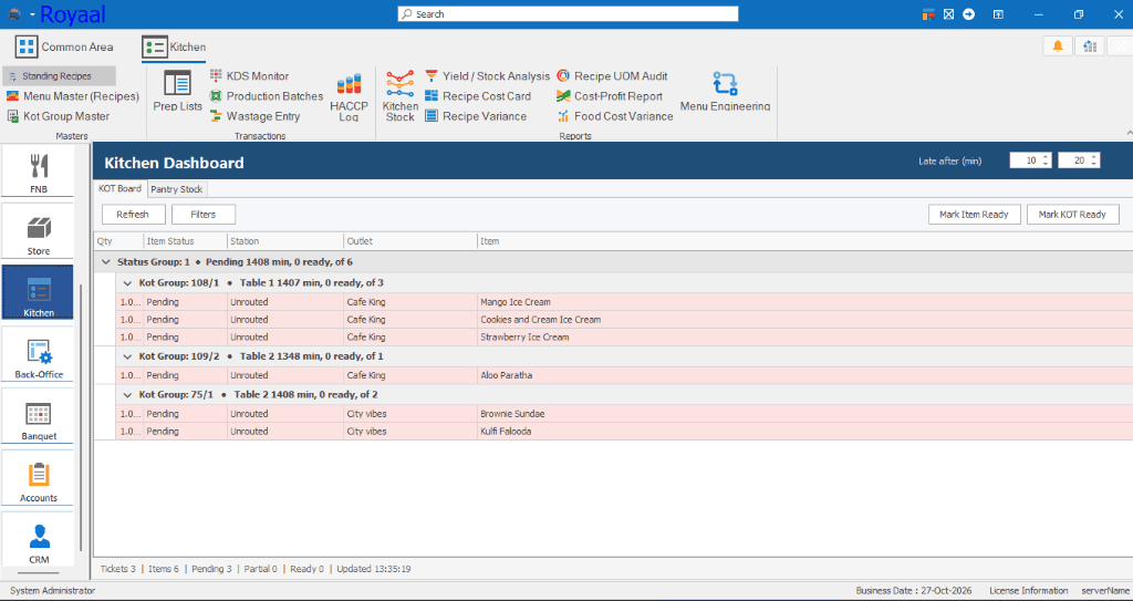 An example of a desktop business application: the kitchen dashboard in Royaal-SD hotel software