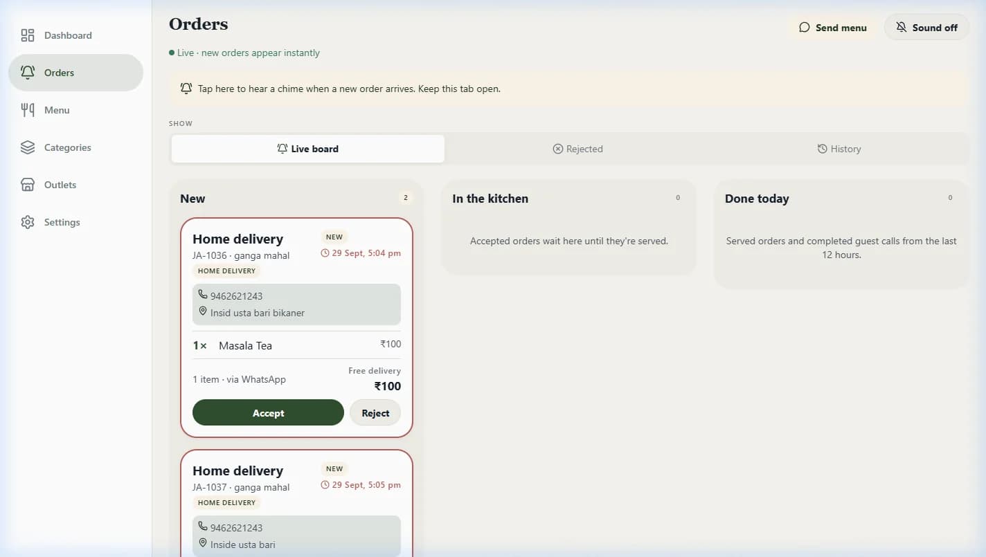 A web application showing a live board of incoming orders